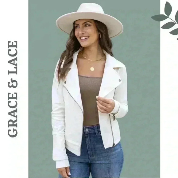 Grace & Lace Jackets & Blazers - Grace @ Lace Move Free Leather Like Cream Knit Motorcycle Jacket Size XXL
